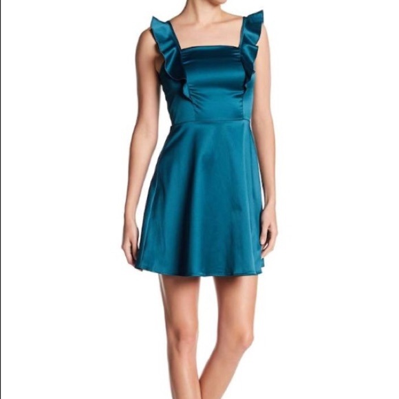 The Vanity Room Satin Party Dress Blue Mini Short Ruffles Large Silky Flare - Picture 1 of 5